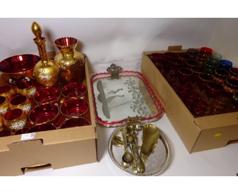 Collection of ruby red and gilt glass sets, including a decanter, vase, six wine glasses, six dishes and six matching sherry 