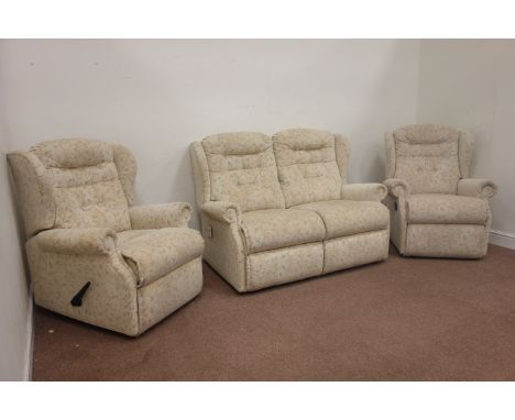 Sherborne two seat sofa (W140cm), and pair matching manual reclining armchairs (W83cm), upholstered in beige fabric Condition