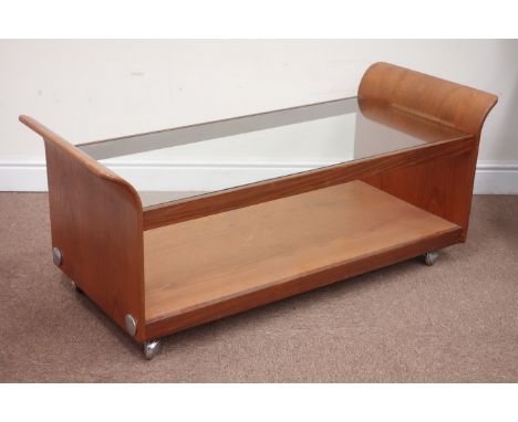 Vintage retro sleigh design teak faced two tier coffee table with original castors Condition Report Click here for further im