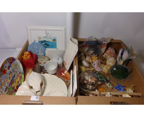Collection of seashells, Lladro pot and Collectors Society plaque, glass ornaments, paperweight, and miscellanea in two boxes