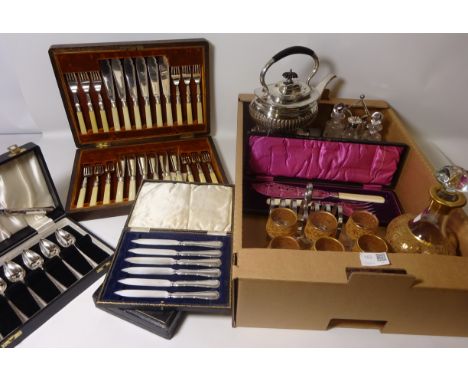 Cased Walker & Hall set of 12 fish knives and forks, American decanter set, other cased cutlery sets, silver-plate Cruet, ket