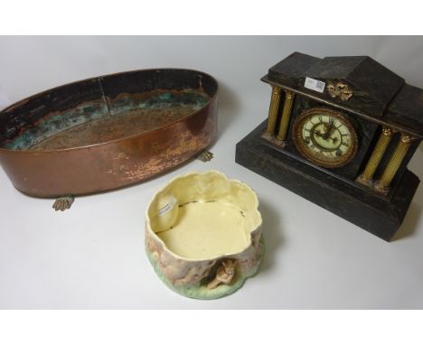 Late 19th century American faux marble palladium mantle clock, of classic form, open escapement, flanked by brass corinthian 