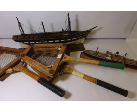 Three Vintage rackets and two model ships  Condition Report Click here for further images, condition, auction times & deliver
