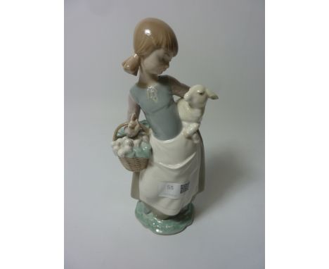 Lladro figure of a lady with flower basket holding a lamb H 25cm  Condition Report Click here for further images, condition, 