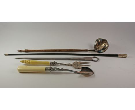 Silver mounted conductor's baton, Georgian toddy ladle inset with 1758 shilling, silver-plated bread fork and stilton scoop a