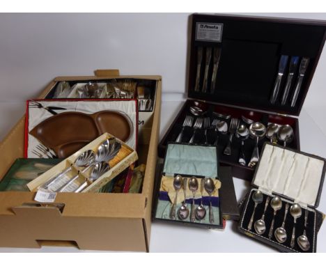 Silver-plate cutlery sets, Vintage 'Little Forks' cased cutlery and other items in one box  Condition Report Click here for f