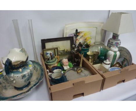 Collection of watercolours by F. Corrigan, Royal Doulton jug, Character jugs, porcelain lamp, wash basin and pitcher and misc