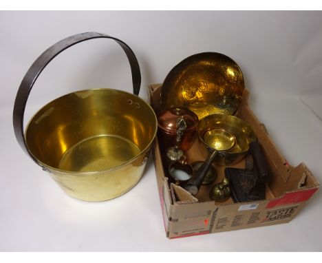 Brass jam pan, another brass pan, copper tea caddy and other brassware and miscellanea in one box  Condition Report Click her