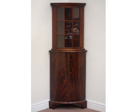 Reproduction mahogany bow front corner display cabinet on double cupboard, by John Moore of Scarborough, W58cm, H152cm Condit