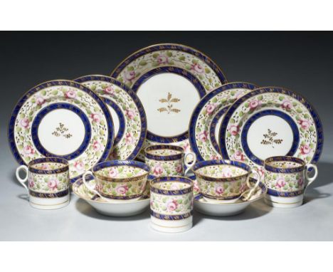 A NEW HALL BONE CHINA PART TEA AND COFFEE SERVICE, C1820-25 painted with trailing roses, dish 22cm diam, pattern 1865 (13)++O