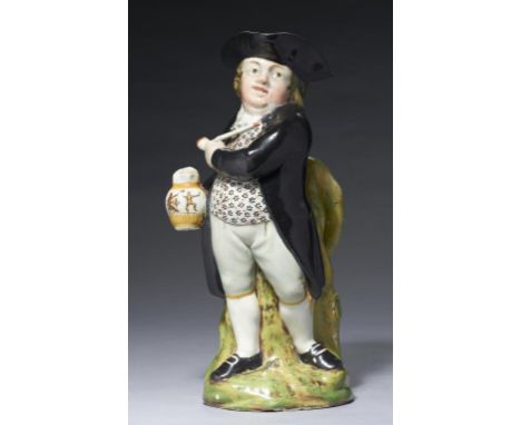 A STAFFORDSHIRE PEARL GLAZED EARTHENWARE HEARTY GOOD FELLOW TOBY JUG, C1830-40 26.5cm  h++Professional restoration to tricorn