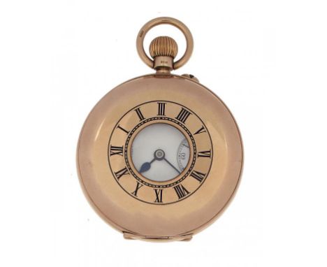 AN ENGLISH 9CT GOLD HALF HUNTING CASED KEYLESS LEVER WATCH THE BANK J W BENSON LUDGATE HILL LONDON, with three quarter plate 