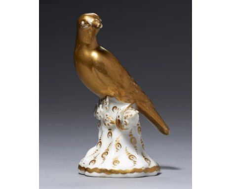A CHAMBERLAIN WORCESTER MINIATURE GILT MODEL OF A BIRD ON A STUMP, C1820 7.5cm h, painted mark in red script++Tiny old restor