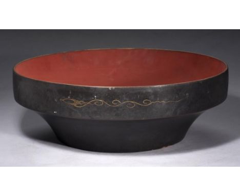 A JAPANESE LACQUER BOWL, EDO PERIOD, 19TH C  44.5cm diam++Handling wear; enamel slightly chipped on foot; enamel cracked insi