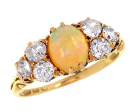 A VICTORIAN OPAL AND DIAMOND RING  in 18ct gold, marks rubbed, 3g, size N++Opal with good polish and under 10x magnification 