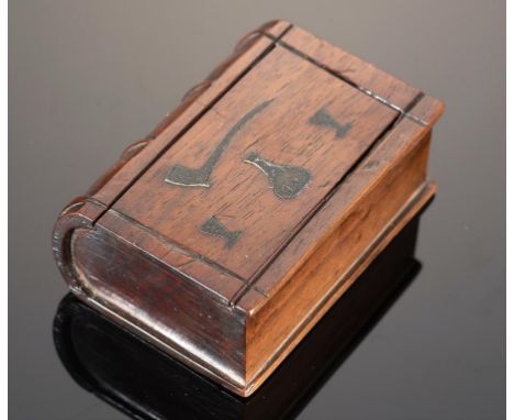 TREEN.  A BRITISH CARVED WOOD AND PEWTER INLAID BOOK SHAPED SNUFF BOX, EARLY 19TH C  the sliding lid with bottle initialled T