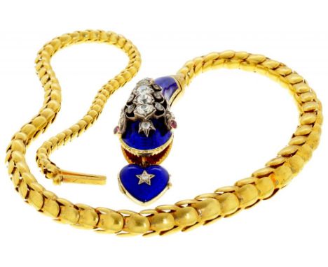 A FINE VICTORIAN DIAMOND AND GOLD AND BLUE GUILLOCHE ENAMEL SERPENT NECKLACE, C1860  44cm, 49g, silk lined maroon morocco cas