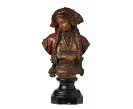 AN AUSTRIAN COLD PAINTED TERRACOTTA BUST OF AN ITALIAN GIPSY GIRL, ATTRIBUTED TO GOLDSCHEIDER, LATE 19TH C integral black pai