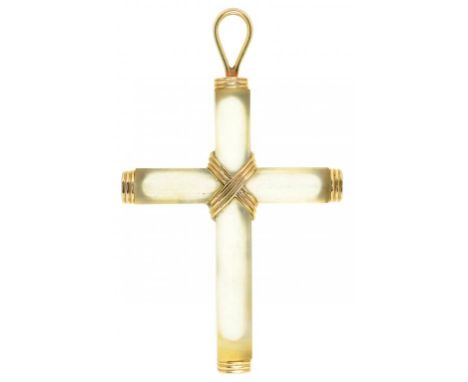 A GOLD AND FROSTED GLASS CROSS  gold wire loop, 83mm, marked 14 K 585, 21.6g++Good condition