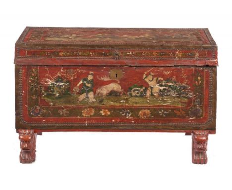 A CHINESE BRASS STUDDED POLYCHROME LEATHER COVERED WOOD TRUNK, 19TH C  the lid and front painted with figures in floral borde