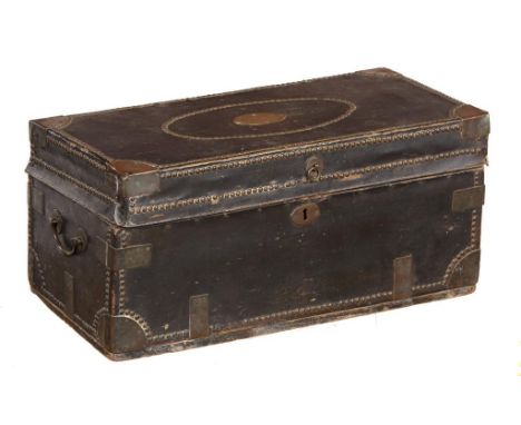 A CHINESE BRASS NAILED AND LEATHER COVERED CAMPHOR WOOD TRAVELLING TRUNK, EARLY 19TH C  the lid with brass plate engraved SIR