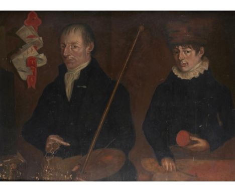 BRITISH SCHOOL DOUBLE PORTRAIT OF A PAINTER AND HIS ASSISTANT  with inscriptions on letters on a rack, oil on plywood, 87 x 1