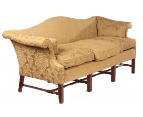A MAHOGANY SOFA IN GEORGE III STYLE, 20TH C on moulded square legs with chamfered stretchers, 80cm h, 213cm l++Upholstery and