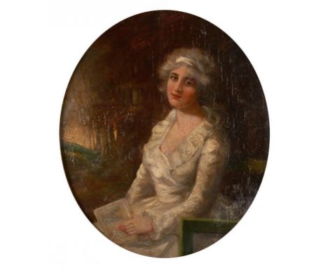 ENGLISH SCHOOL, EARLY 20TH CENTURY PORTRAIT OF A LADY  three quarter length in a white dress, holding a book, oil on canvas l