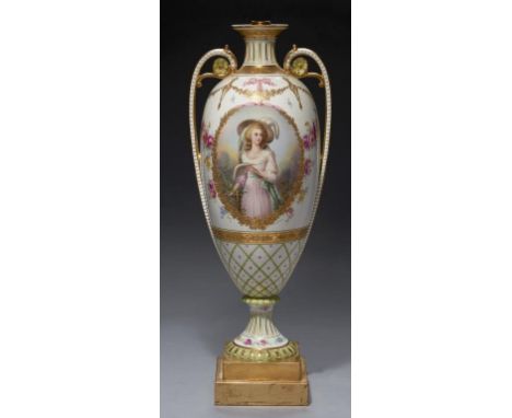 A CONTINENTAL EARTHENWARE VASE, C1900  painted by J Thuren, signed,  with a three quarter length portrait of a young lady in 