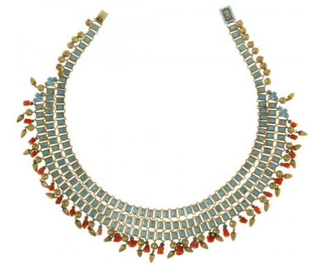 A CHINESE GILT SILVER COLOURED METAL AND TRANSLUCENT TURQUOISE ENAMEL AND CORAL NECKLACE, PROBABLY 1920/30S 46cm, 79g, marked