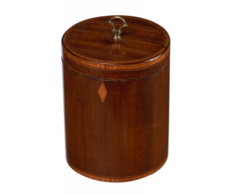 A GEORGE III CYLINDRICAL MAHOGANY AND INLAID TEA CADDY AND COVER, EARLY 19TH C  with brass  handle, zinc liner, 14cm h++Good 