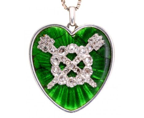 A DIAMOND AND PLATINUM AND GREEN GUILLOCHE ENAMEL HEART SHAPED PENDANT, POSSIBLY CARTIER, EARLY 20TH C  the back with linked 