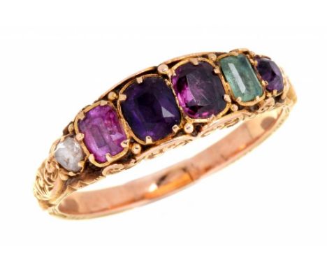 A VICTORIAN 'REGARD' RING, MID 19TH C  in gold with scrolling shoulders and engraved hoop, 2g, size K½++Good condition, under