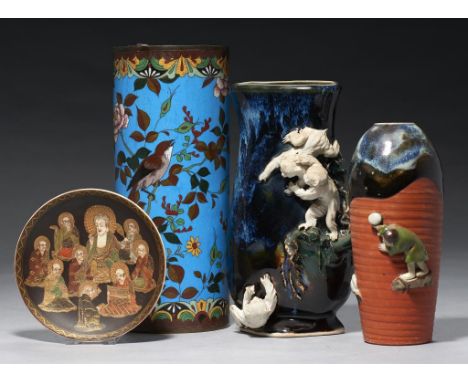 TWO JAPANESE SUMIDA GAWA VASES, A SATSUMA SAUCER AND A CYLINDRICAL CLOISONNE ENAMEL VASE, MEIJI PERIOD AND LATER  enamel vase