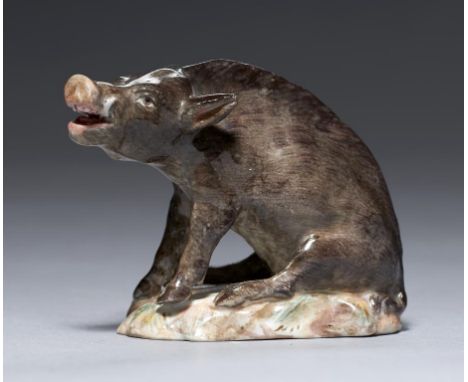 A MEISSEN MINIATURE MODEL OF A BOAR, LATE 19TH C 5cm h, crossed swords++Restoration to one ear