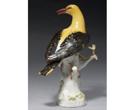 A MEISSEN MODEL OF A GOLDEN ORIOLE, C1900  25.5cm h, impressed number, incised 820, crossed swords ++Leaves damaged, beak res