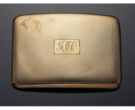 A GEORGE V 9CT GOLD CIGARETTE CASE  engine turned, 11.5cm l, by J H Wynn, Birmingham 1933, 126g++Minor dents but little sign 