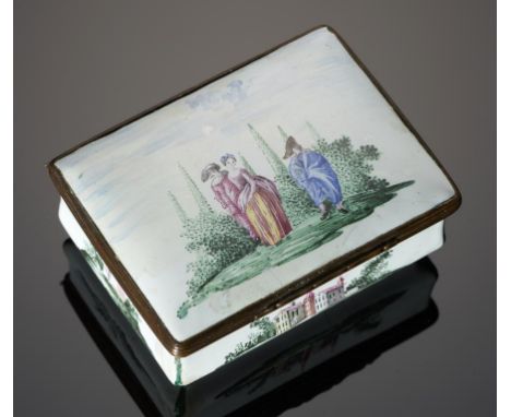 A GERMAN ENAMEL SNUFF BOX, C1770   the lid and underside painted with a group of figures or horsemen, the bombé sides with vi