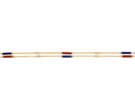 A GOLD GUARD  CHAIN  with cultured pearls and   blue and red guilloche enamel batons at intervals, 144cm, 18.5g++Good conditi