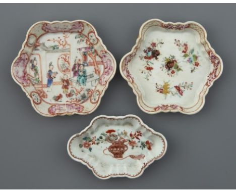 TWO CHINESE FAMILLE ROSE TEAPOT STANDS AND A SPOON TRAY, QING DYNASTY, QIANLONG PERIOD tray 12.5cm l++Both teapot stands with