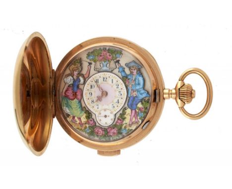 A SWISS GOLD MINUTE REPEATING KEYLESS LEVER HUNTING CASED AUTOMATA WATCH IXORA, LATE 19TH C  No 8527/10508,  the polychrome e