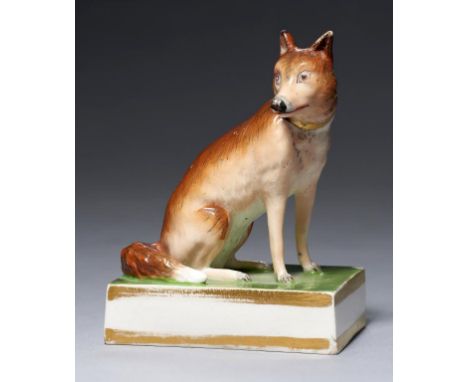 A DERBY MODEL OF A SEATED FOX, C1820  on rectangular gilt base, 10cm hA contemporary early 19th c Staffordshire earthenware c