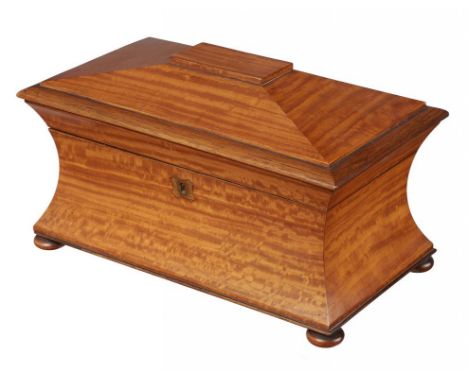 A WILLIAM IV SATINWOOD AND ROSEWOOD TEA CADDY, C1830  with fitted interior, pair of canisters and contemporary cut glass jars