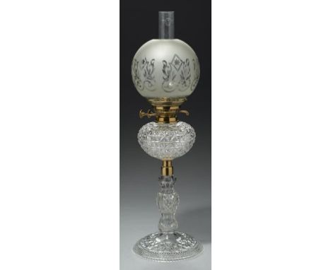 A VICTORIAN CUT GLASS OIL LAMP, C1900 with Wright &amp; Cutler brass burner and etched shade, 59cm h excluding chimney++Good 