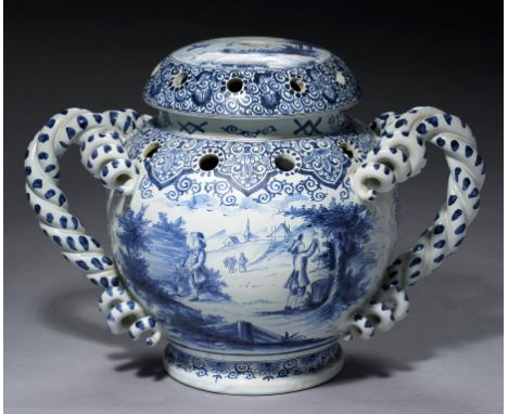 A DUTCH DELFTWARE POT POURRI JAR AND COVER, EARLY 20TH C  painted with harvest or shipping scenes, 30cm h, PB mark++Good cond
