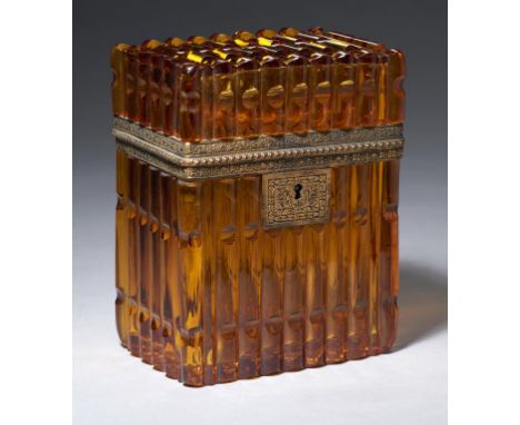 A FRENCH COPPER GILT MOUNTED AMBER GLASS CASKET OR TEA CADDY, ATTRIBUTED TO BACCARAT, MID 19TH C with engraved mount, 14cm h+