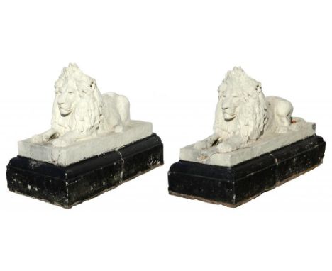 Joseph Parkinson (b 1853)  A PAIR OF VICTORIAN MARBLE LIONS, SECOND HALF 19TH C on rectangular base, inscribed J PARKINSON LI