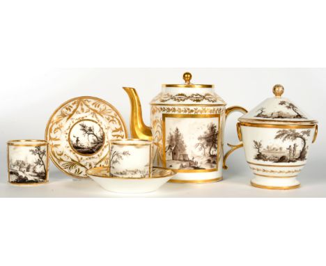 A GROUP OF SIMILAR FRENCH GRISAILLE DECORATED TEAWARE, PROBABLY PARIS, C1800 painted with rural scenes and gilt, comprising c