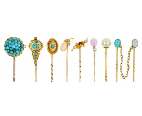 NINE VICTORIAN AND LATER GOLD STICKPINS, C1870- EARLY 20TH    with jewelled terminals, including aN opal and turquoise pin su