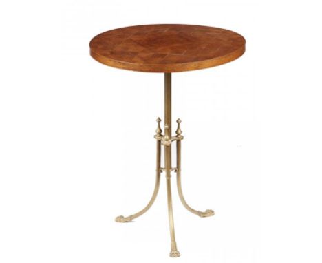 AN OAK PARQUETRY OCCASIONAL TABLE, C1900  on associated brass tripod, 73cm h, 55cm diam, iron Y bracket inscribed S HALL &amp